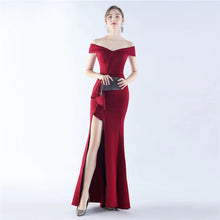 Load image into Gallery viewer, Avery Kendall Satin Off Shoulder Slit Maxi Dress
