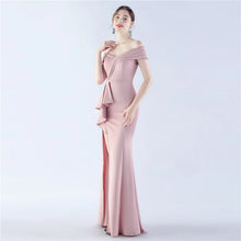 Load image into Gallery viewer, Avery Kendall Satin Off Shoulder Slit Maxi Dress
