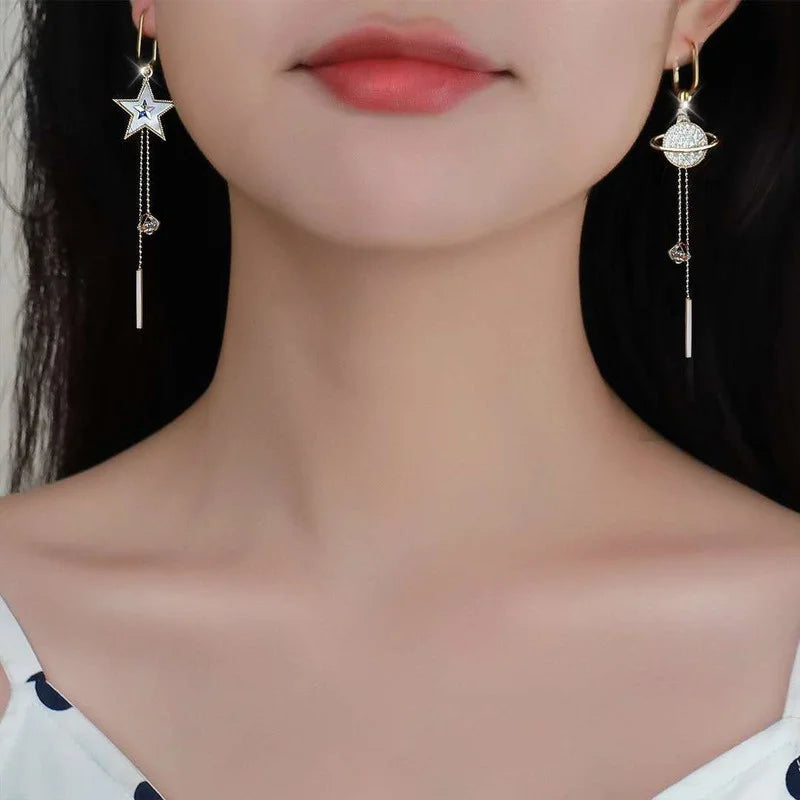 Dezy Space Stars Planet Tassel Earrings