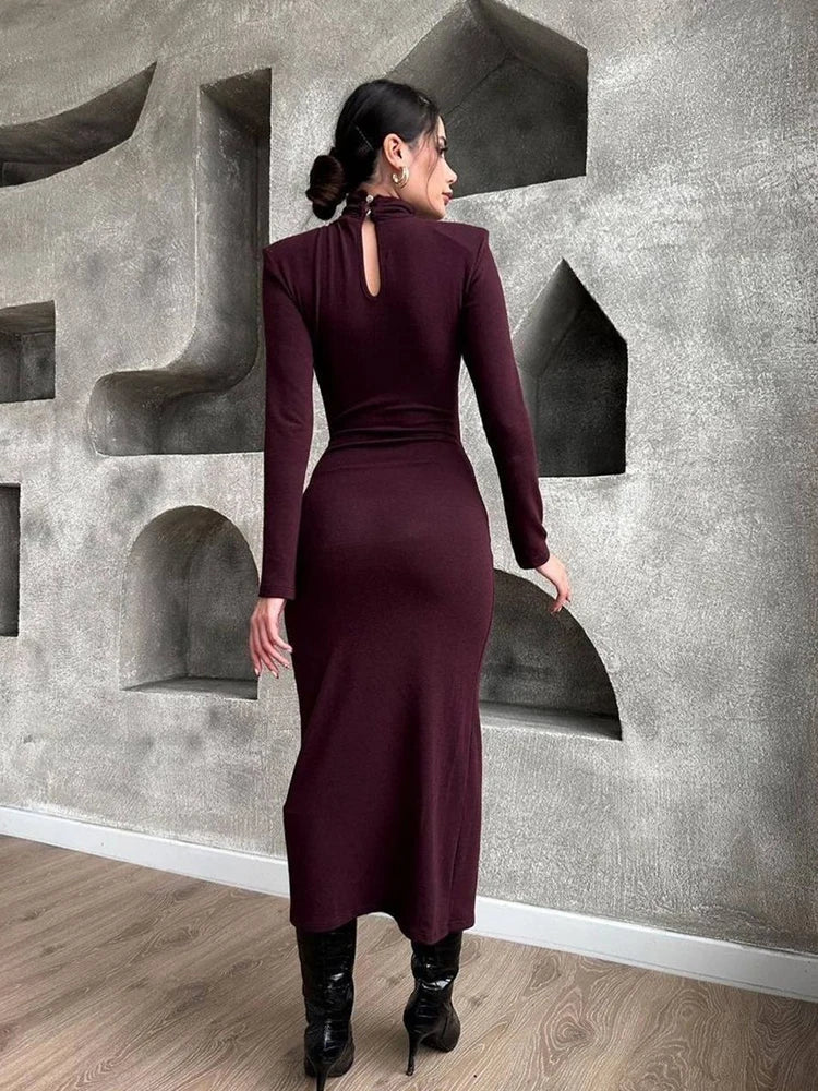 Bessie Turtleneck Long Sleeve Slit Midi Dress