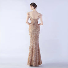 Load image into Gallery viewer, Alyce Leah Sequin Feather Mermaid Slit Maxi Dress
