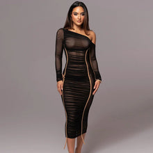 Load image into Gallery viewer, Delta Mesh One Shoulder Long Sleeve Ruched Midi Dress
