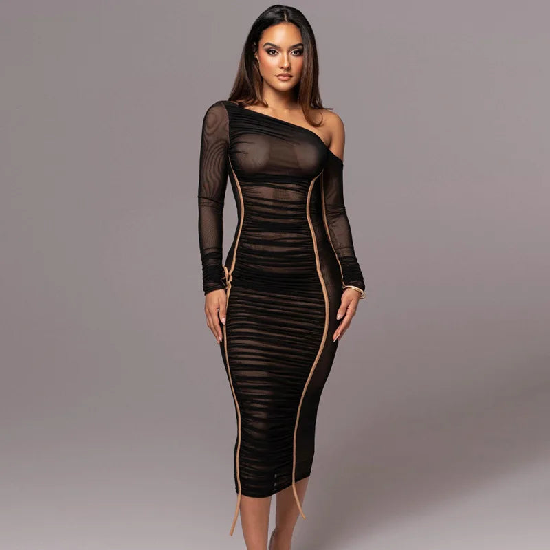 Delta Mesh One Shoulder Long Sleeve Ruched Midi Dress