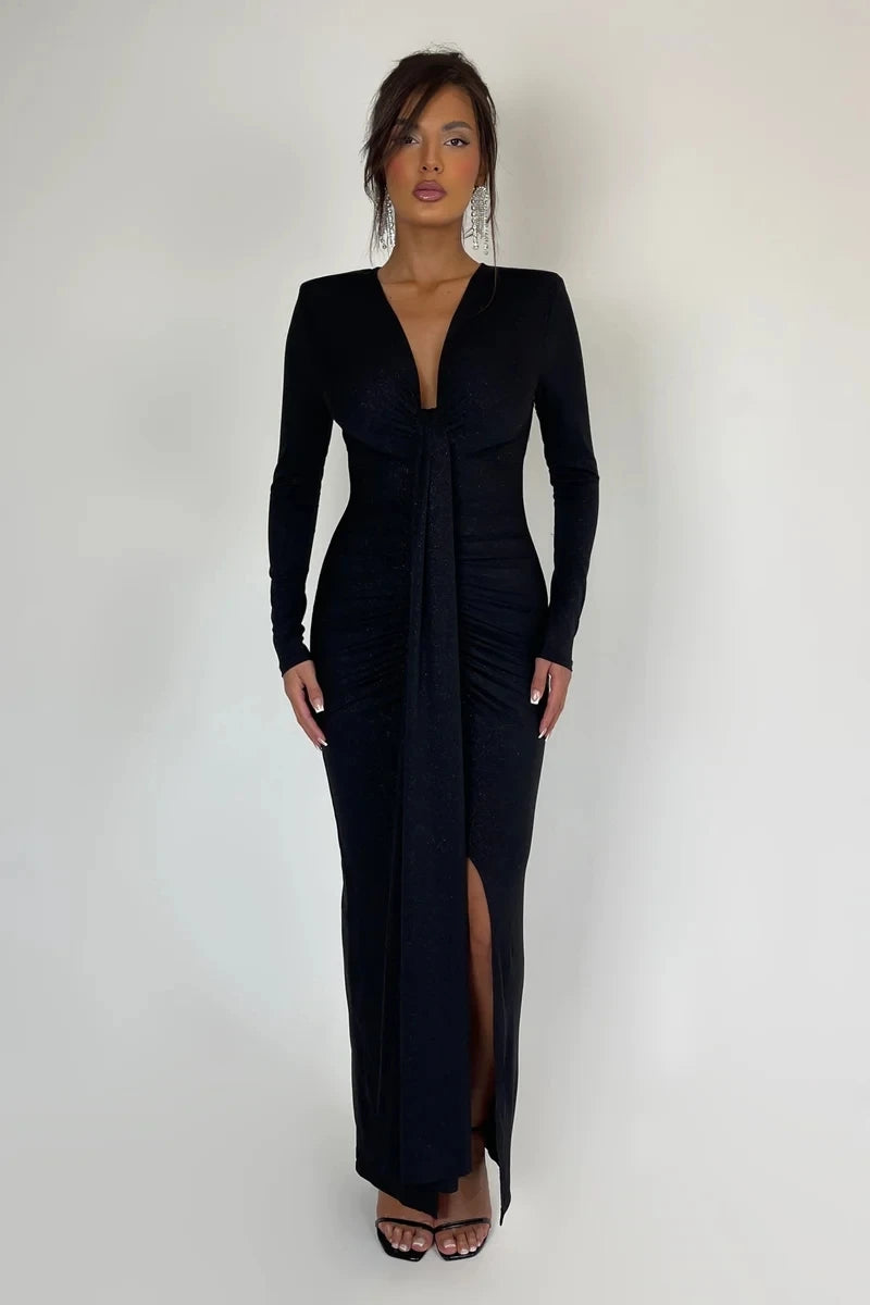 Lanora Silk Ruched Long Sleeve Slit Maxi Dress