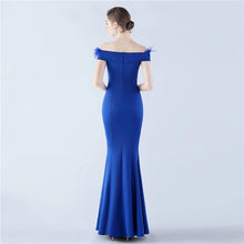 Load image into Gallery viewer, Hannah Shannon Satin Feather Off Shoulder Fishtail Slit Maxi Dress
