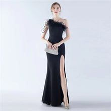 Load image into Gallery viewer, Nikki One Shoulder Satin Feather Slit Maxi Dress
