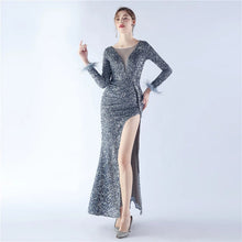 Load image into Gallery viewer, Heidi Bre Sequin Feather Long Sleeve Slit Maxi Dress
