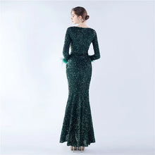 Load image into Gallery viewer, Heidi Bre Sequin Feather Long Sleeve Slit Maxi Dress
