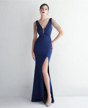 Load image into Gallery viewer, Layla Dawn Satin Beaded Slit Maxi Dress
