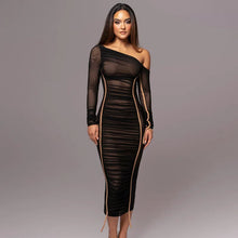 Load image into Gallery viewer, Delta Mesh One Shoulder Long Sleeve Ruched Midi Dress
