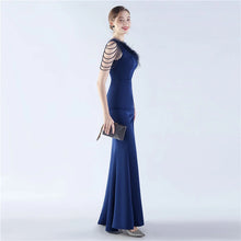 Load image into Gallery viewer, Nikki One Shoulder Satin Feather Slit Maxi Dress
