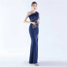 Load image into Gallery viewer, Larsa Satin Feather One Shoulder Slit Maxi Dress
