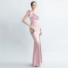 Load image into Gallery viewer, Octavia Tay Satin One Shoulder Slit Maxi Dress
