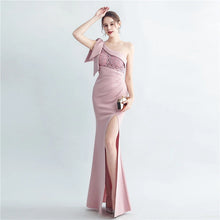 Load image into Gallery viewer, Octavia Tay Satin One Shoulder Slit Maxi Dress
