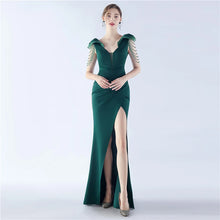 Load image into Gallery viewer, Sarah Eva Satin Beaded Slit Maxi Dress
