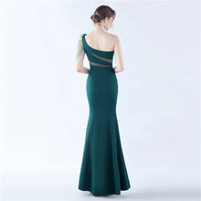 Load image into Gallery viewer, Larsa Satin Feather One Shoulder Slit Maxi Dress
