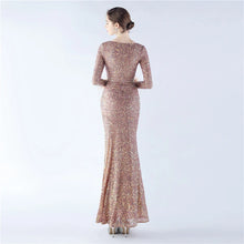 Load image into Gallery viewer, Heidi Bre Sequin Feather Long Sleeve Slit Maxi Dress
