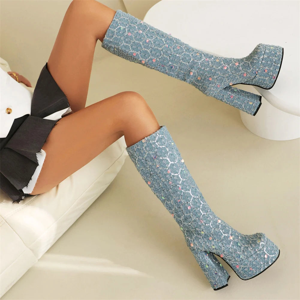 Amara Sequin Knee High Platform High Heel Boots