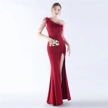 Load image into Gallery viewer, Nikki One Shoulder Satin Feather Slit Maxi Dress
