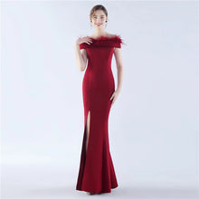 Load image into Gallery viewer, Hannah Shannon Satin Feather Off Shoulder Fishtail Slit Maxi Dress
