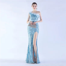 Load image into Gallery viewer, Gabriella Anna Sequin Feather One Shoulder Mermaid Slit Maxi Dress
