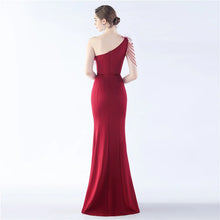 Load image into Gallery viewer, Nikki One Shoulder Satin Feather Slit Maxi Dress
