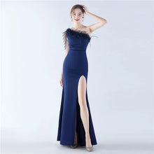 Load image into Gallery viewer, Nikki One Shoulder Satin Feather Slit Maxi Dress
