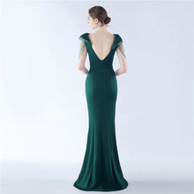 Load image into Gallery viewer, Sarah Eva Satin Beaded Slit Maxi Dress
