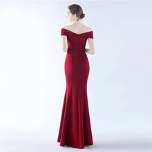 Load image into Gallery viewer, Avery Kendall Satin Off Shoulder Slit Maxi Dress
