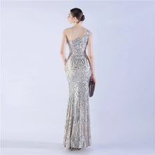 Load image into Gallery viewer, Gabriella Anna Sequin Feather One Shoulder Mermaid Slit Maxi Dress
