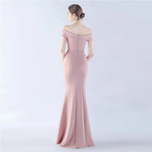 Load image into Gallery viewer, Avery Kendall Satin Off Shoulder Slit Maxi Dress
