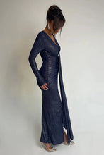 Load image into Gallery viewer, Lanora Silk Glitter Ruched Long Sleeve Slit Maxi Dress
