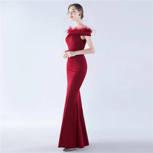 Load image into Gallery viewer, Hannah Shannon Satin Feather Off Shoulder Fishtail Slit Maxi Dress
