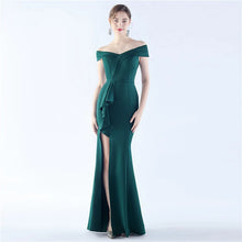 Load image into Gallery viewer, Avery Kendall Satin Off Shoulder Slit Maxi Dress
