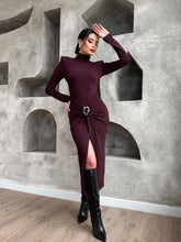 Load image into Gallery viewer, Bessie Turtleneck Long Sleeve Slit Midi Dress
