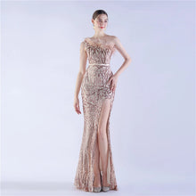 Load image into Gallery viewer, Gabriella Anna Sequin Feather One Shoulder Mermaid Slit Maxi Dress
