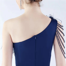 Load image into Gallery viewer, Nikki One Shoulder Satin Feather Slit Maxi Dress
