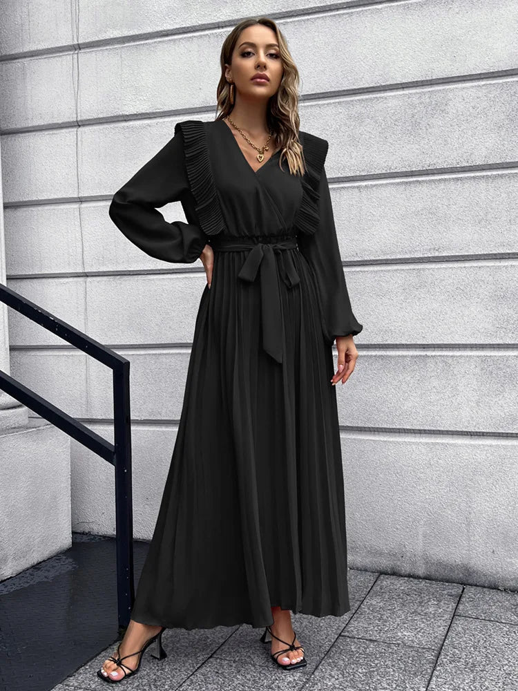 Isla Terry Pleated Long Sleeve Maxi Dress