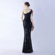 Load image into Gallery viewer, Gabriella Anna Sequin Feather One Shoulder Mermaid Slit Maxi Dress
