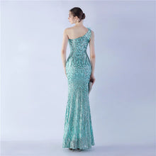 Load image into Gallery viewer, Gabriella Anna Sequin Feather One Shoulder Mermaid Slit Maxi Dress
