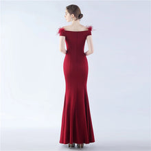 Load image into Gallery viewer, Hannah Shannon Satin Feather Off Shoulder Fishtail Slit Maxi Dress
