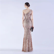 Load image into Gallery viewer, Gabriella Anna Sequin Feather One Shoulder Mermaid Slit Maxi Dress
