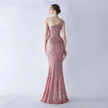 Load image into Gallery viewer, Gabriella Anna Sequin Feather One Shoulder Mermaid Slit Maxi Dress
