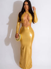 Load image into Gallery viewer, Brooke Metallic Halter Long Sleeve Bodycon Maxi Dress
