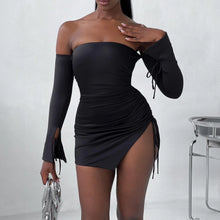 Load image into Gallery viewer, Josie Off Shoulder Long Sleeve Drawstring Slit Mini Dress
