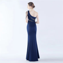 Load image into Gallery viewer, Larsa Satin Feather One Shoulder Slit Maxi Dress
