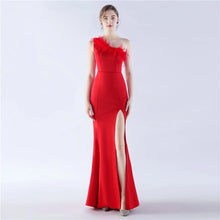 Load image into Gallery viewer, Caroline Allison Feather One Shoulder Slit Maxi Dress
