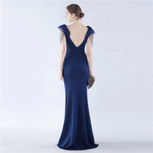 Load image into Gallery viewer, Sarah Eva Satin Beaded Slit Maxi Dress
