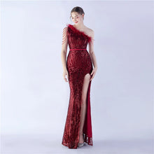 Load image into Gallery viewer, Gabriella Anna Sequin Feather One Shoulder Mermaid Slit Maxi Dress
