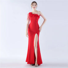 Load image into Gallery viewer, Nikki One Shoulder Satin Feather Slit Maxi Dress
